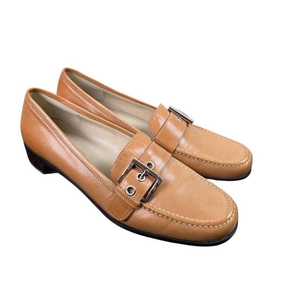 AK Anne Klein Loafers Womens 7.5M Tan Excellent Buckle iflex Block Heel Leather